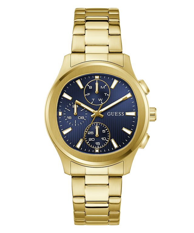 Gold GUESS Mens Palmer Gold Tone Analog Watch with a blue face on a white background