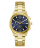 Gold GUESS Mens Palmer Gold Tone Analog Watch with a blue face on a white background