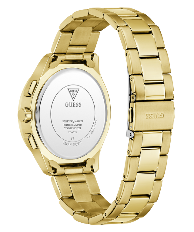 Gold watch with a visible brand logo on a white background
