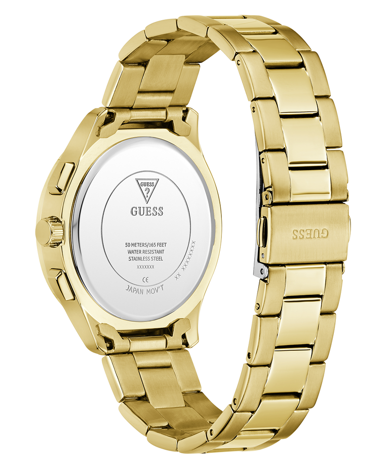 Gold watch with a visible brand logo on a white background