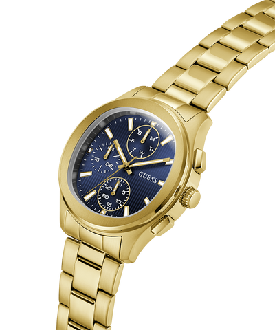 Gold GUESS Mens Palmer Gold Tone Analog Watch with a blue face on a white background lifestyle