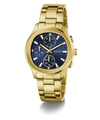 Gold GUESS Mens Palmer Gold Tone Analog Watch with a blue face on a white background