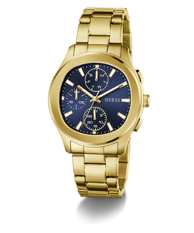 Gold GUESS Mens Palmer Gold Tone Analog Watch with a blue face on a white background
