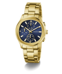 Gold GUESS Mens Palmer Gold Tone Analog Watch with a blue face on a white background