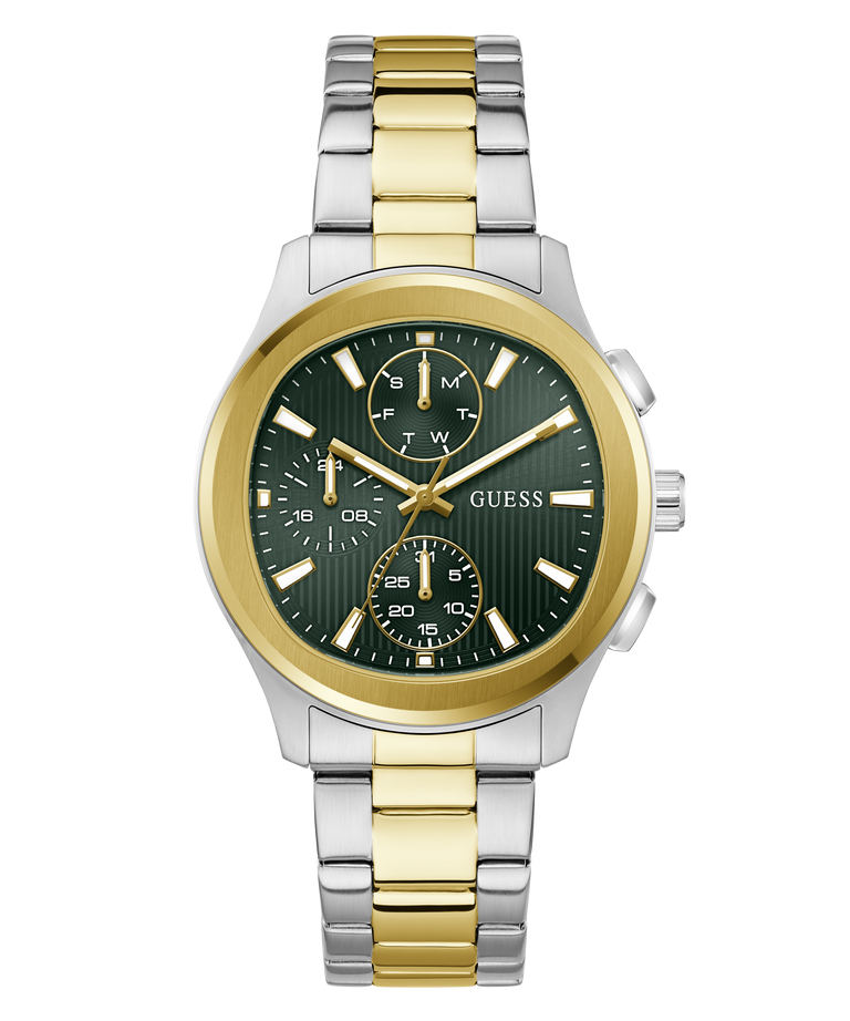 Two-tone GUESS Mens Palmer 2-Tone Analog Watch with green face and gold accents on a white background