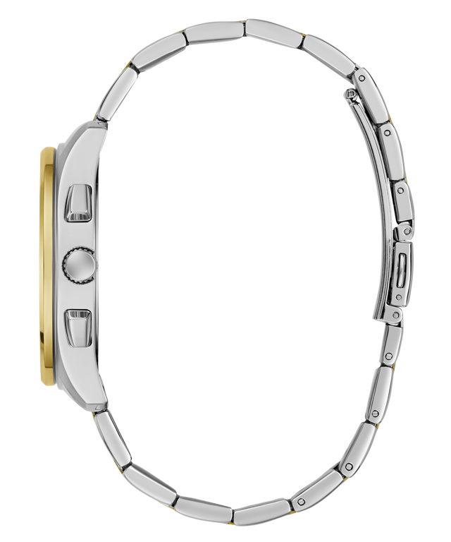 Close-up of a silver watch with a gold accent on a white background