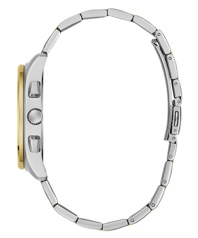 Close-up of a silver watch with a gold accent on a white background