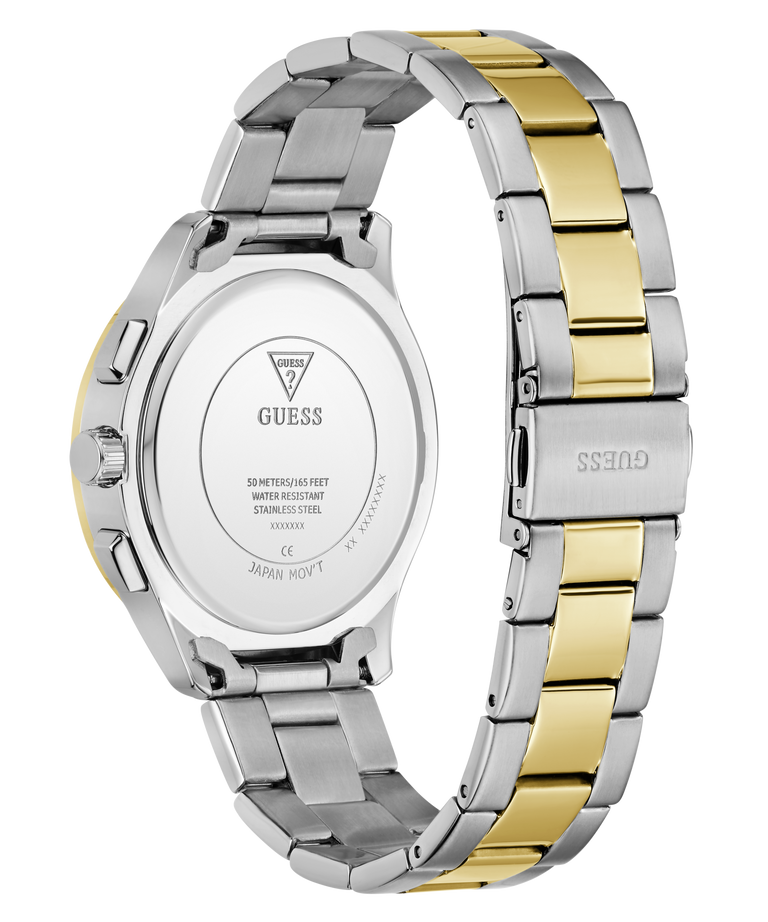 Two-tone silver and gold watch with visible brand logo on a white background