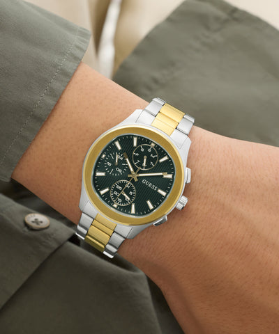 Two-tone GUESS Mens Palmer 2-Tone Analog Watch on a wrist with a neutral background
