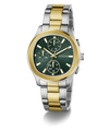 Two-tone GUESS Mens Palmer 2-Tone Analog Watch with green face and gold accents on a white background