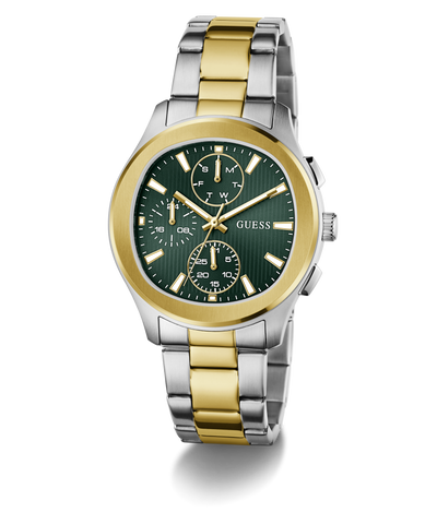 Two-tone GUESS Mens Palmer 2-Tone Analog Watch with green face and gold accents on a white background