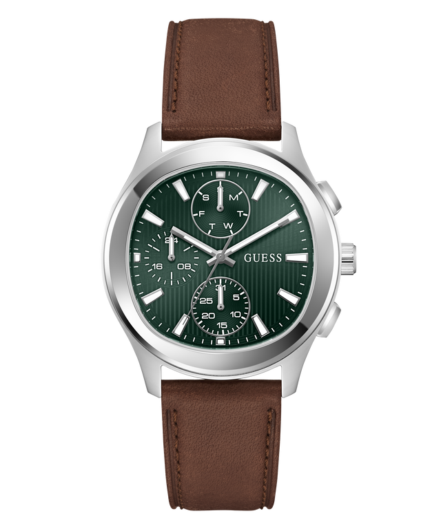 GUESS Mens Palmer Light Brown Silver Tone Analog Watch with brown leather strap and green face on a white background