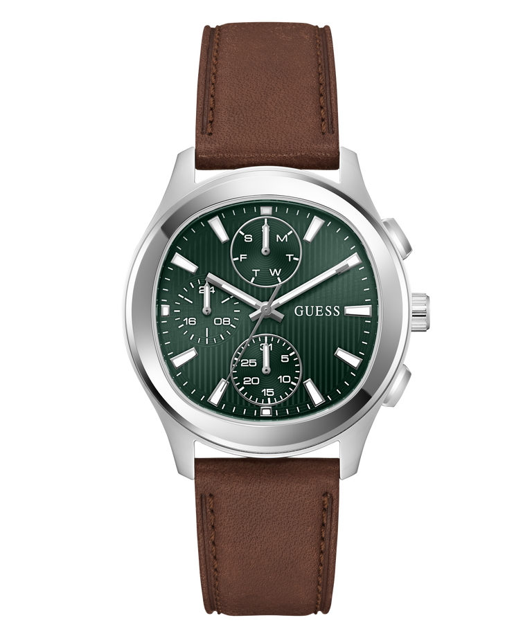 GUESS Mens Palmer Light Brown Silver Tone Analog Watch with brown leather strap and green face on a white background