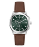 GUESS Mens Palmer Light Brown Silver Tone Analog Watch with brown leather strap and green face on a white background