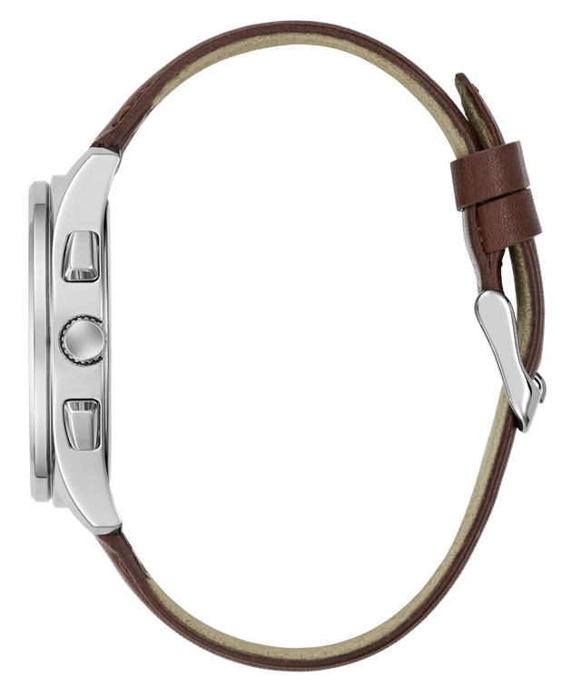 Watch with brown leather strap and silver case on a white background