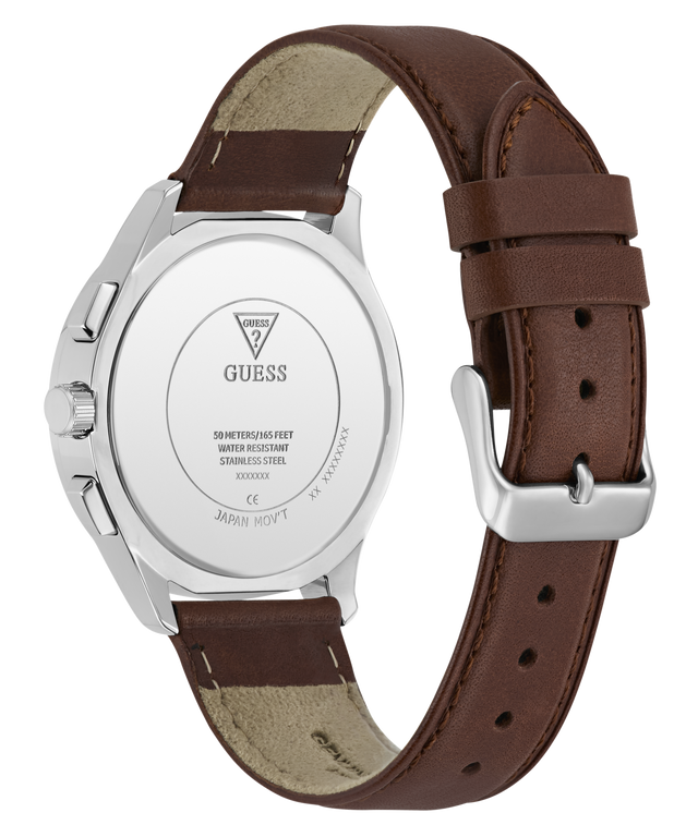 Guess watch with brown leather strap and silver case on a white background