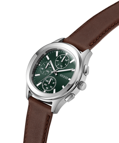 GUESS Mens Palmer Light Brown Silver Tone Analog Watch with brown leather strap and green face on a white background lifestyle
