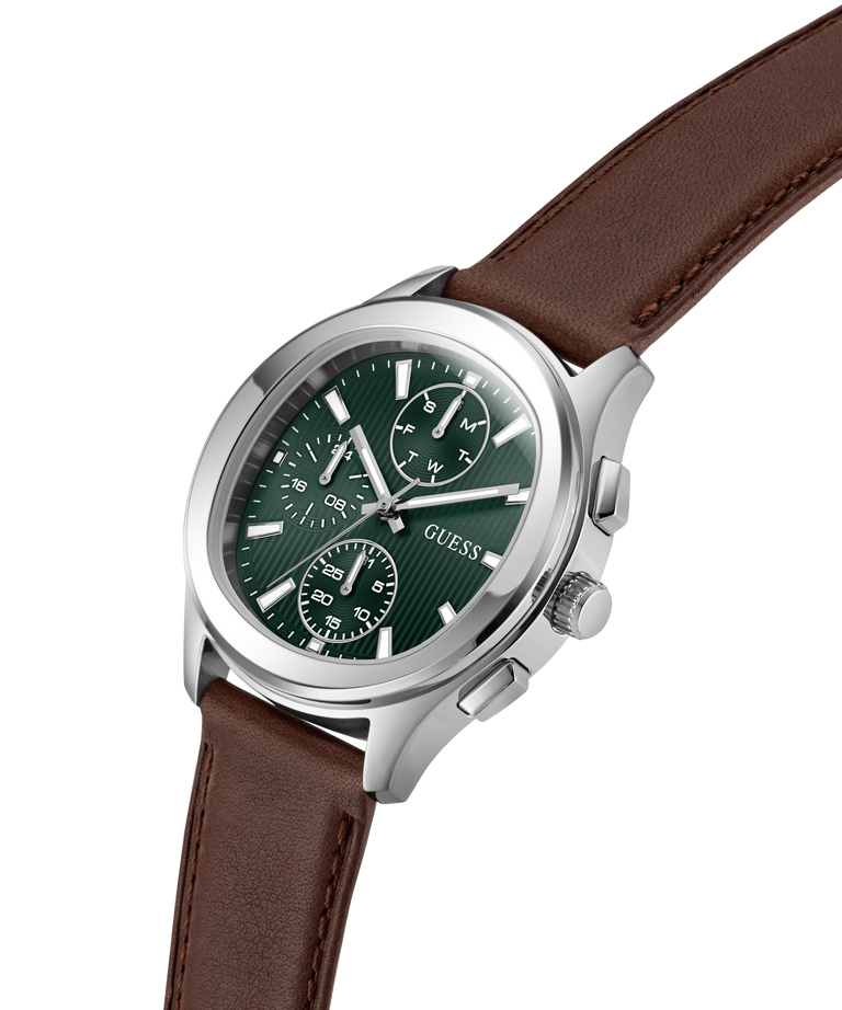 GUESS Mens Palmer Light Brown Silver Tone Analog Watch with brown leather strap and green face on a white background lifestyle