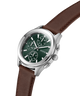 GUESS Mens Palmer Light Brown Silver Tone Analog Watch with brown leather strap and green face on a white background lifestyle