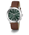 GUESS Mens Palmer Light Brown Silver Tone Analog Watch with brown leather strap and green dial on a white background