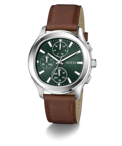 GUESS Mens Palmer Light Brown Silver Tone Analog Watch with brown leather strap and green dial on a white background