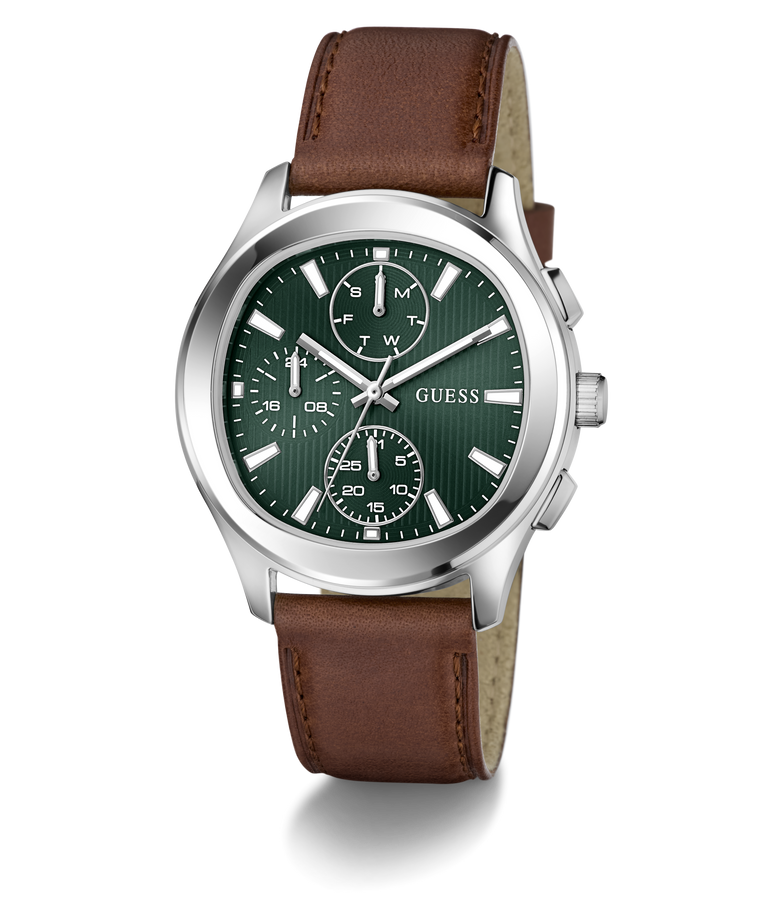 GUESS Mens Palmer Light Brown Silver Tone Analog Watch with brown leather strap and green dial on a white background
