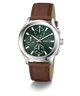 GUESS Mens Palmer Light Brown Silver Tone Analog Watch with brown leather strap and green dial on a white background