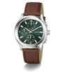 GUESS Mens Palmer Light Brown Silver Tone Analog Watch with brown leather strap and green dial on a white background