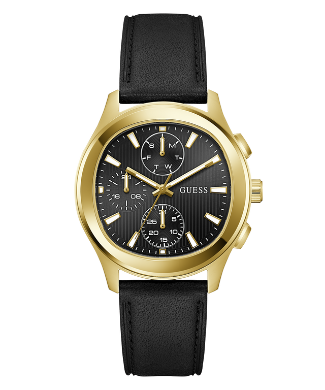 Gold GUESS Mens Palmer Black Gold Tone Analog Watch with black leather strap on a white background