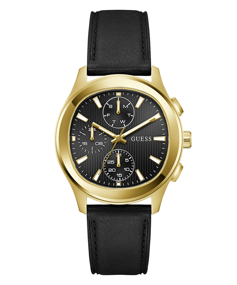 Gold GUESS Mens Palmer Black Gold Tone Analog Watch with black leather strap on a white background