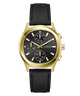 Gold GUESS Mens Palmer Black Gold Tone Analog Watch with black leather strap on a white background