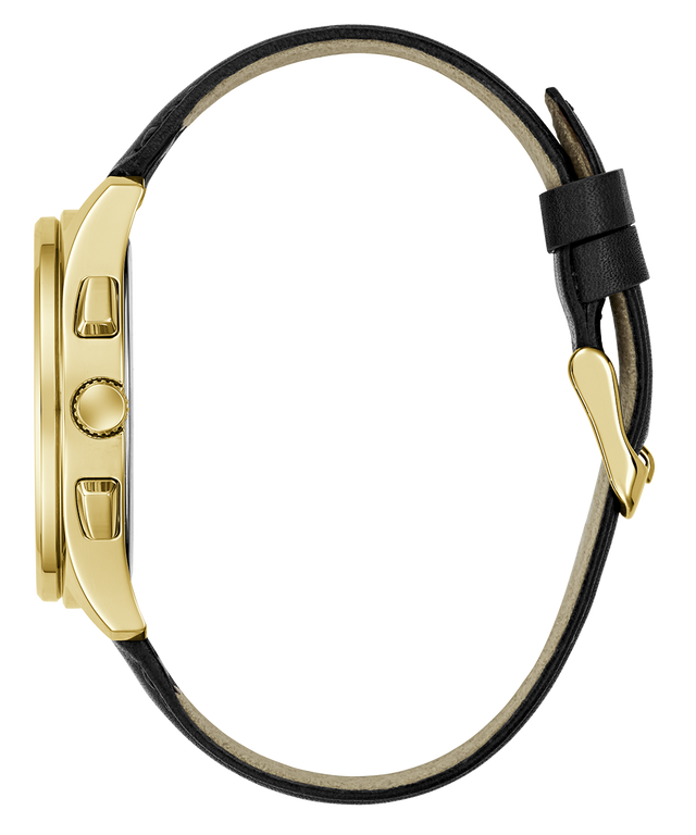 Gold watch case with black leather strap on a white background