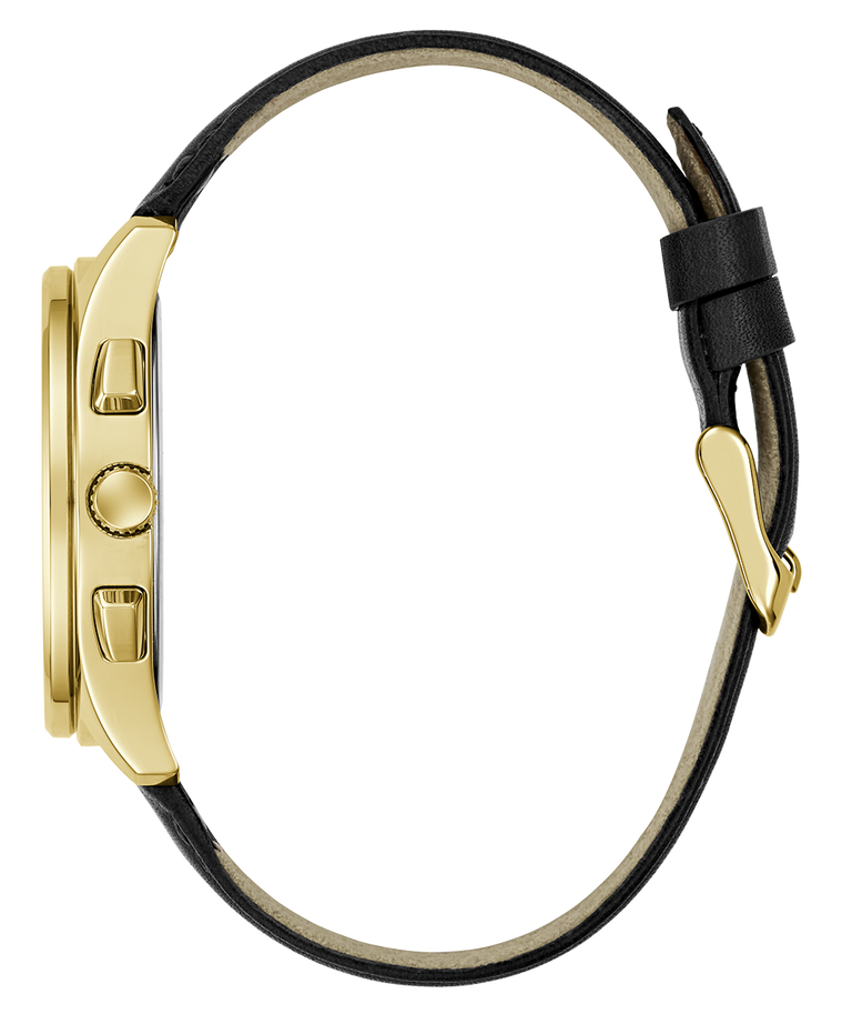 Gold watch case with black leather strap on a white background