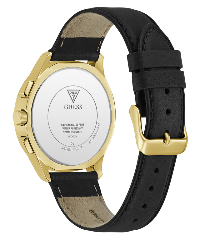 Guess watch with black strap and gold case on a white background