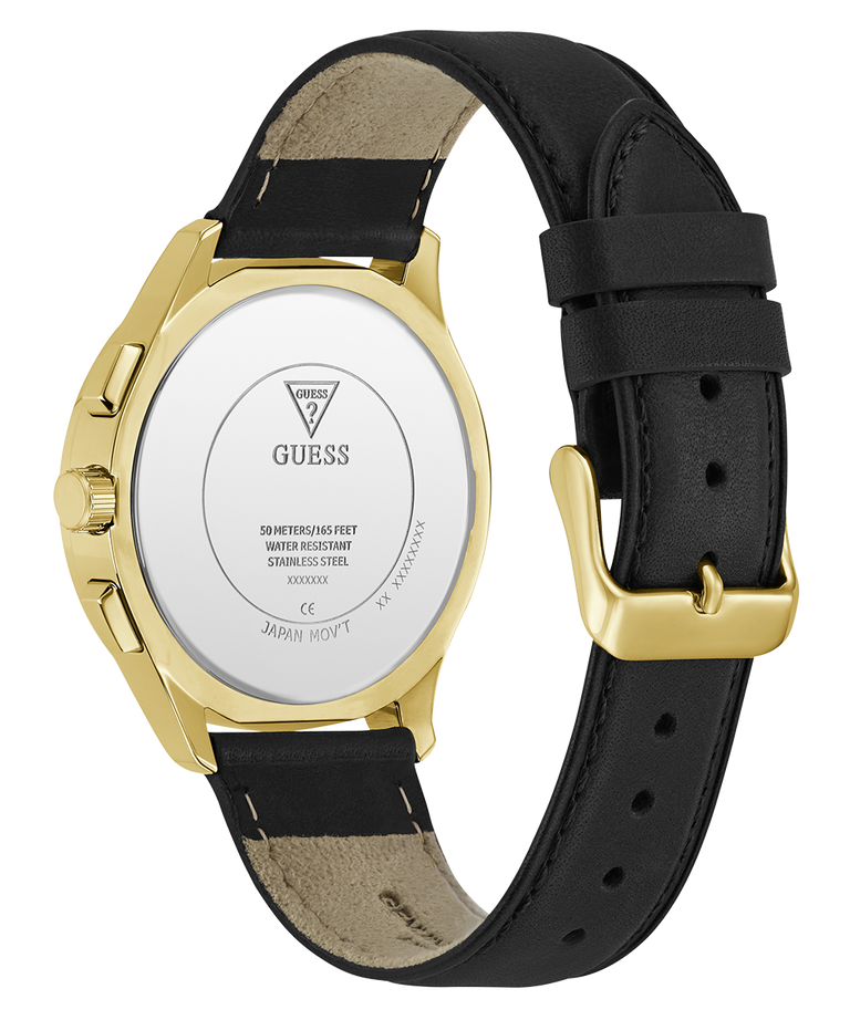 Guess watch with black strap and gold case on a white background