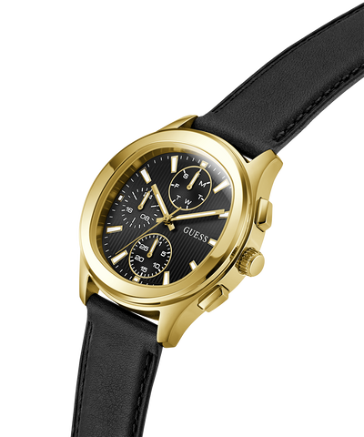 Gold watch with black leather strap on a white background lifestyle