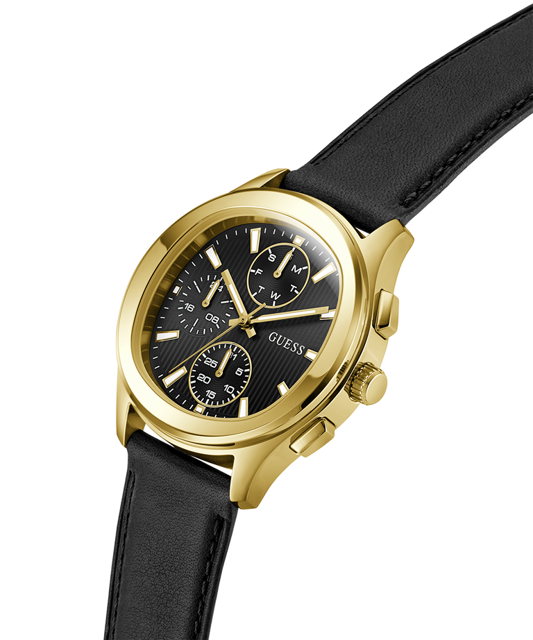 Gold watch with black leather strap on a white background lifestyle