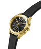 Gold watch with black leather strap on a white background lifestyle