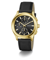 Gold GUESS Mens Palmer Black Gold Tone Analog Watch with black leather strap on a white background