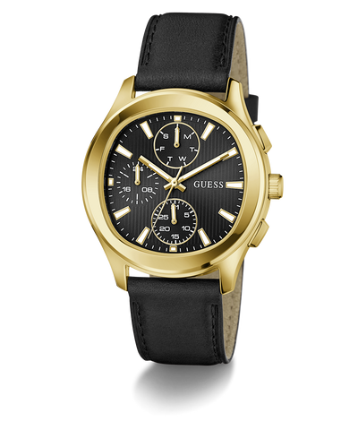 Gold GUESS Mens Palmer Black Gold Tone Analog Watch with black leather strap on a white background
