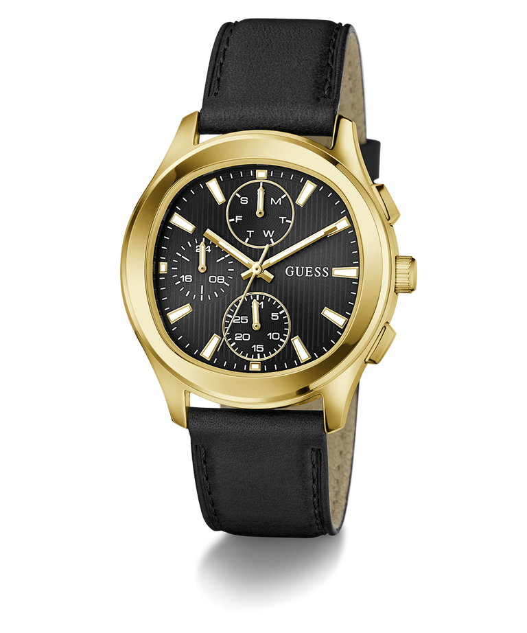 Gold GUESS Mens Palmer Black Gold Tone Analog Watch with black leather strap on a white background