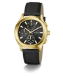 Gold GUESS Mens Palmer Black Gold Tone Analog Watch with black leather strap on a white background