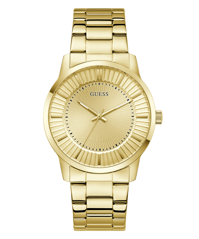 Gold GUESS Mens Gold Tone Analog Watch with a visible brand logo on a white background