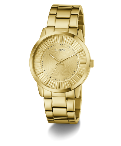 Gold watch with 'Guess' branding on a white background