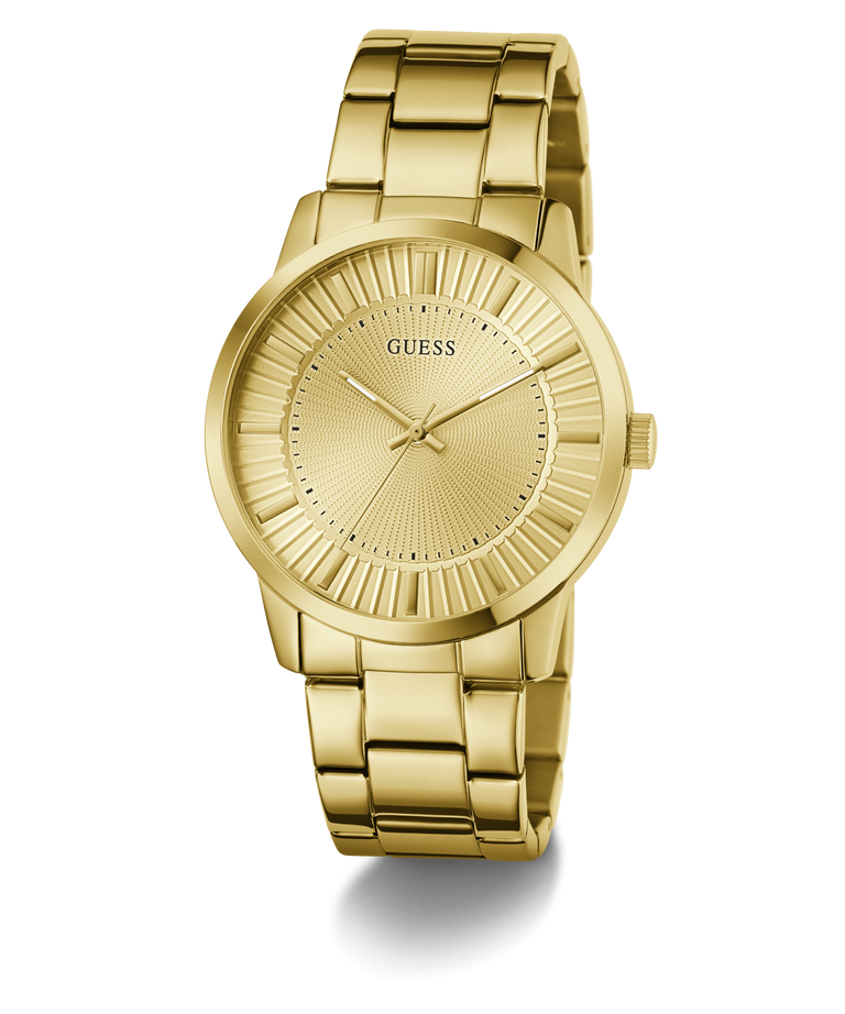 Gold watch with 'Guess' branding on a white background