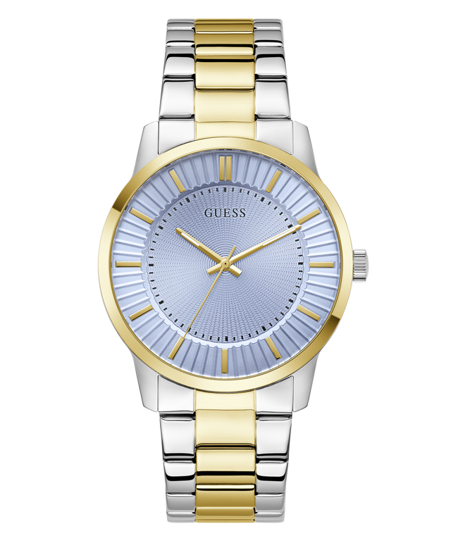 Two-tone silver and gold watch with a blue face on a white background