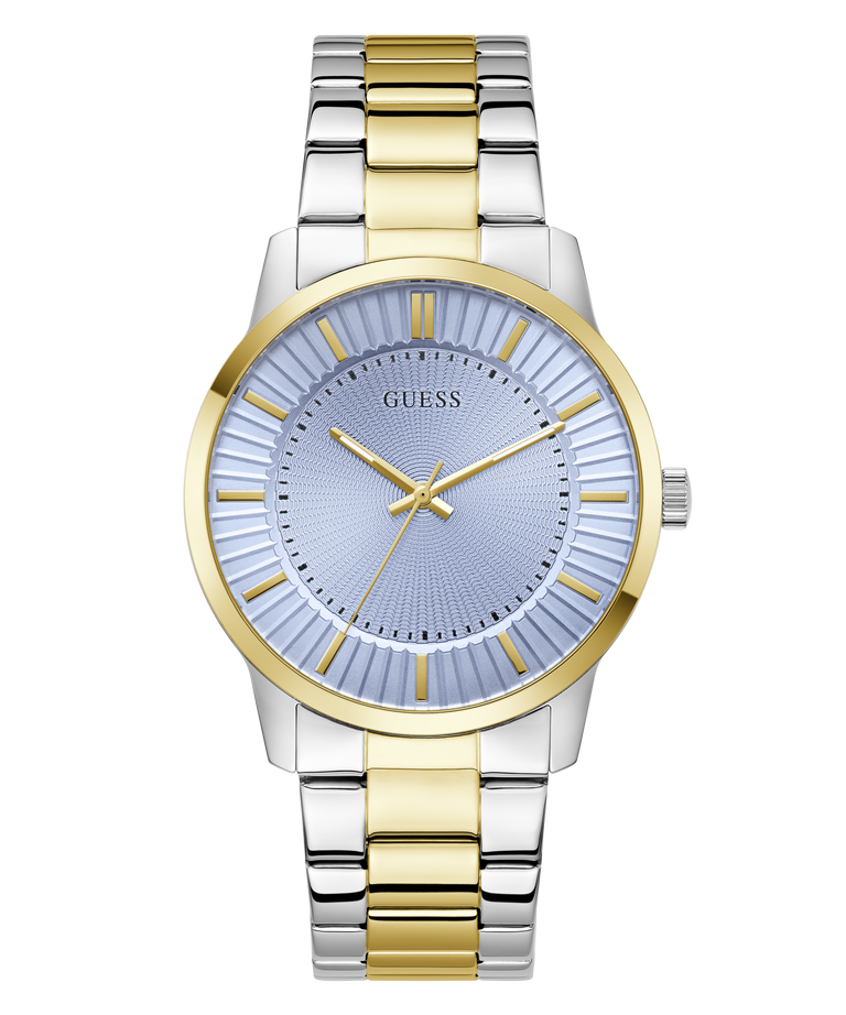 Two-tone silver and gold watch with a blue face on a white background