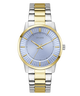 Two-tone silver and gold watch with a blue face on a white background