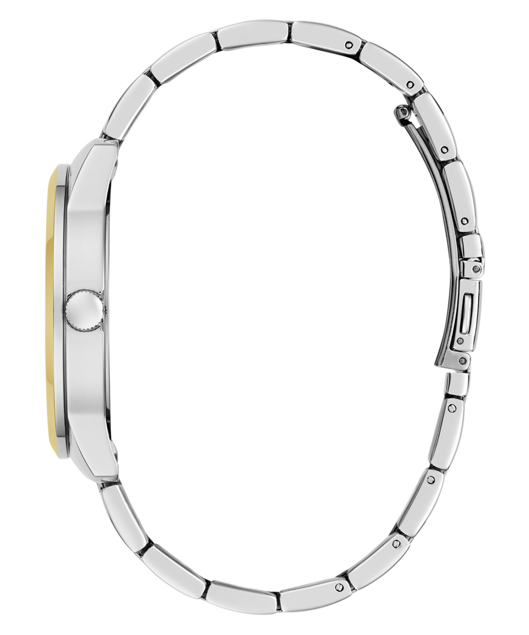 Silver watch band on a white background