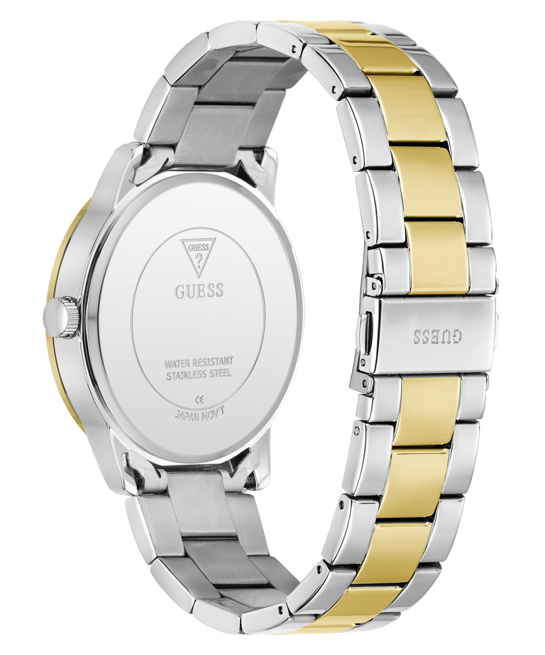 Two-toned silver and gold watch with visible brand logo on a clear background